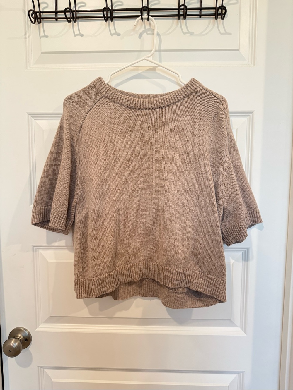 Boxy Short-Sleeve Knit Sweater in Taupe